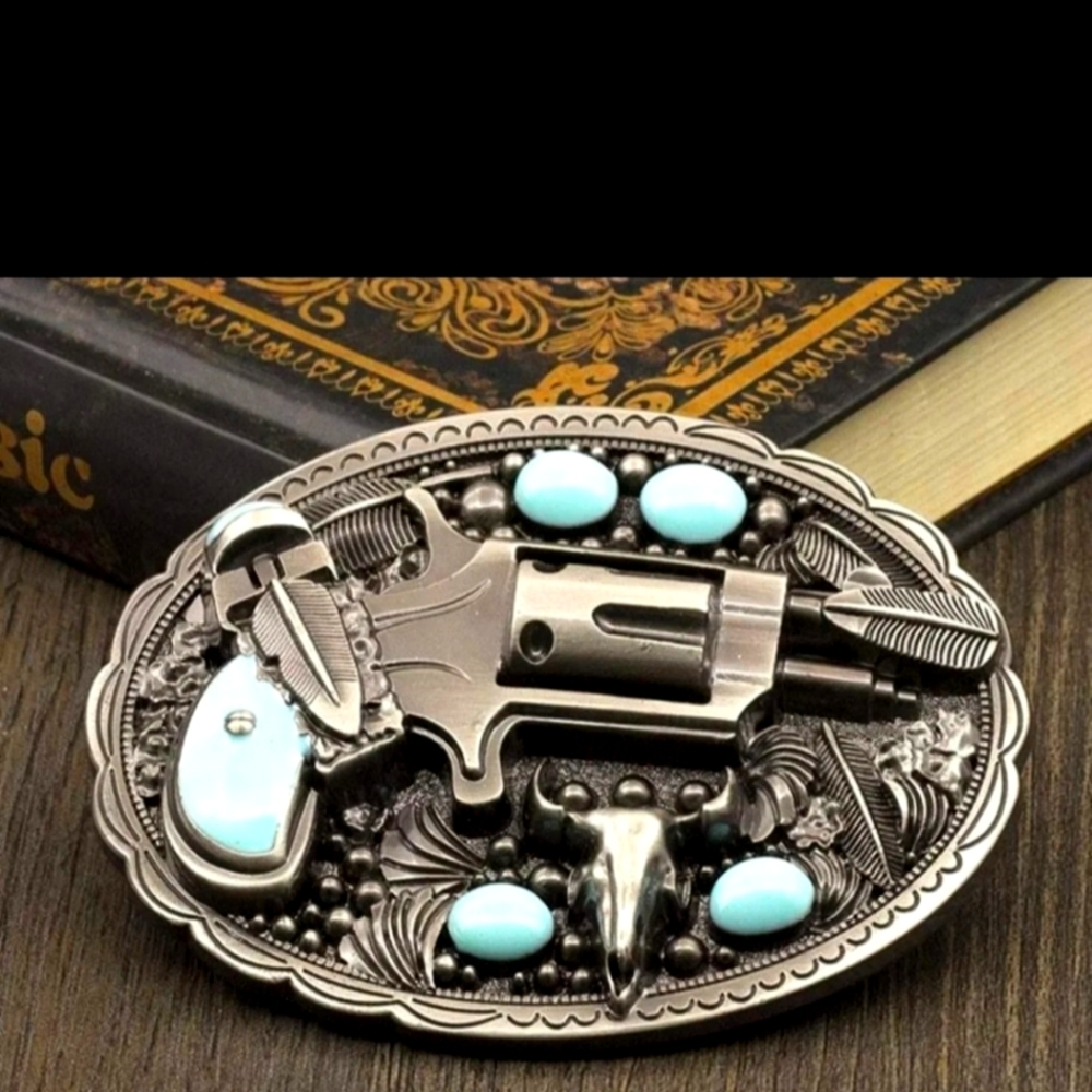 Faux Western Rodeo Style revolver pistol theme feathers Longhorn bull belt bu…
